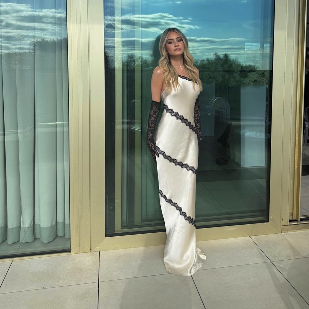 Shona Joy Camille Lace Asymmetrical Maxi Dress in Cream/Black - Picture 2 of 6